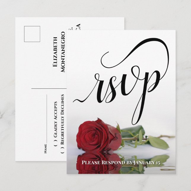 Elegant Calligraphy & Red Rose Wedding RSVP Postcard (Front/Back)
