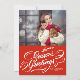 Elegant Calligraphy Red Season's Greetings Photo Holiday Card