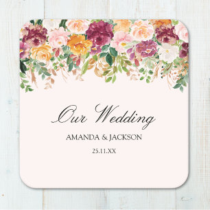 Elegant Calligraphy Rose Garden Floral Wedding Square Paper Coaster
