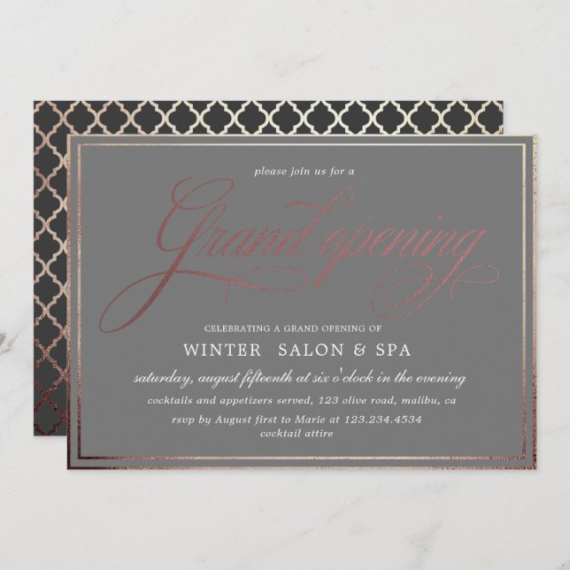 elegant calligraphy rose gold Grand Opening Invitation (Front/Back)