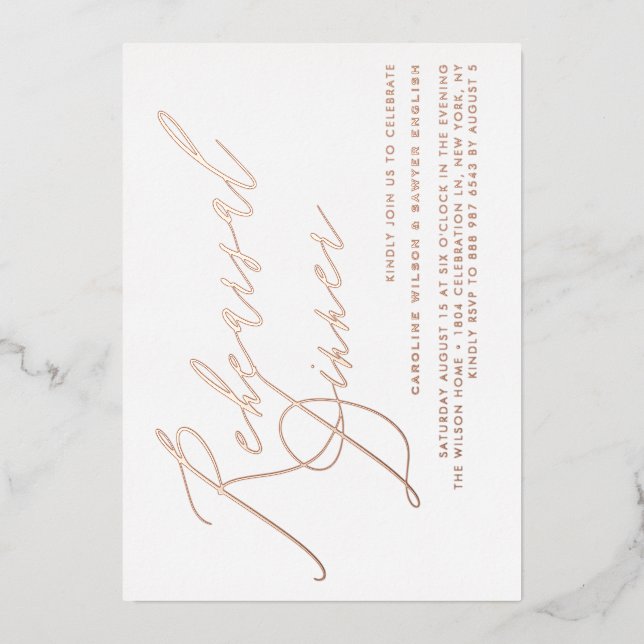 Elegant Calligraphy Rose Gold Rehearsal Dinner (Front)