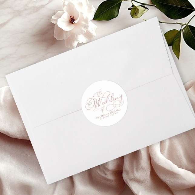 Elegant Calligraphy Rose Gold Wedding Classic Round Sticker (Creator Uploaded)
