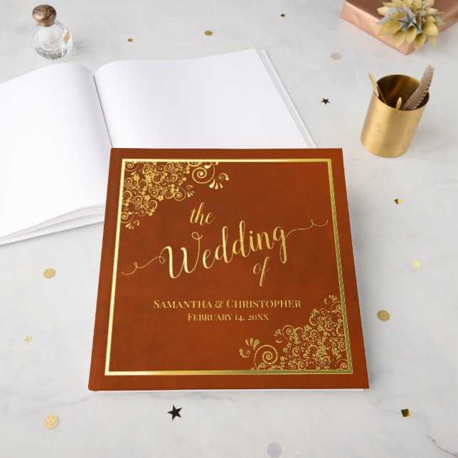 Elegant Calligraphy Rust Orange Gold Foil Wedding Guest Book (Front Open)