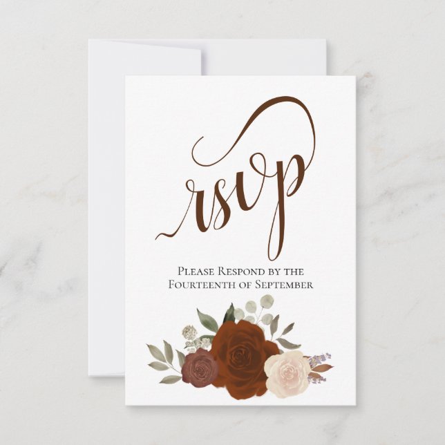 Elegant Calligraphy & Rust Orange Roses Wedding RSVP Card (Front)