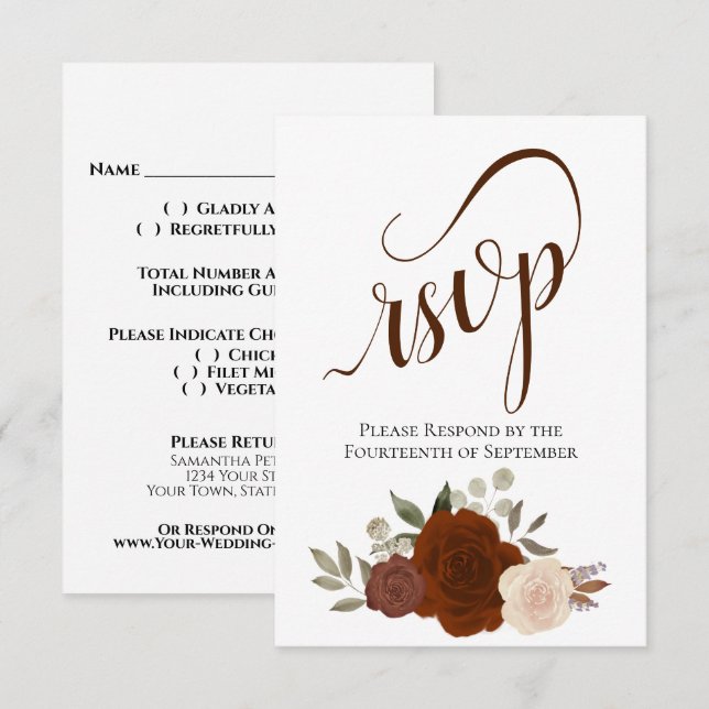 Elegant Calligraphy & Rust Orange Roses Wedding RSVP Card (Front/Back)