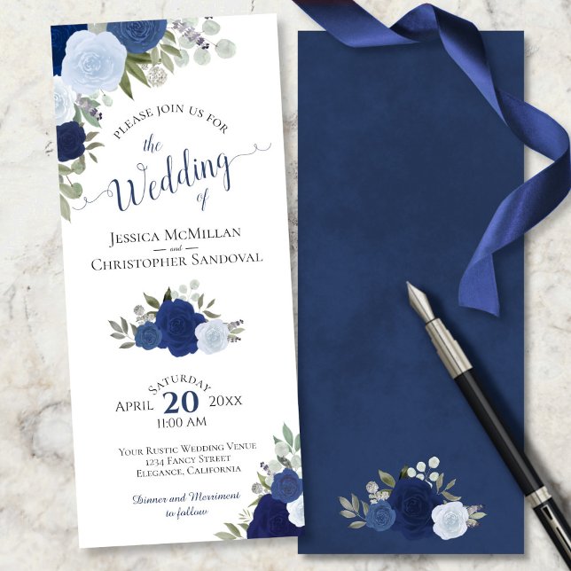Elegant Calligraphy Rustic Blue Boho Roses Wedding Invitation (Front/Back)