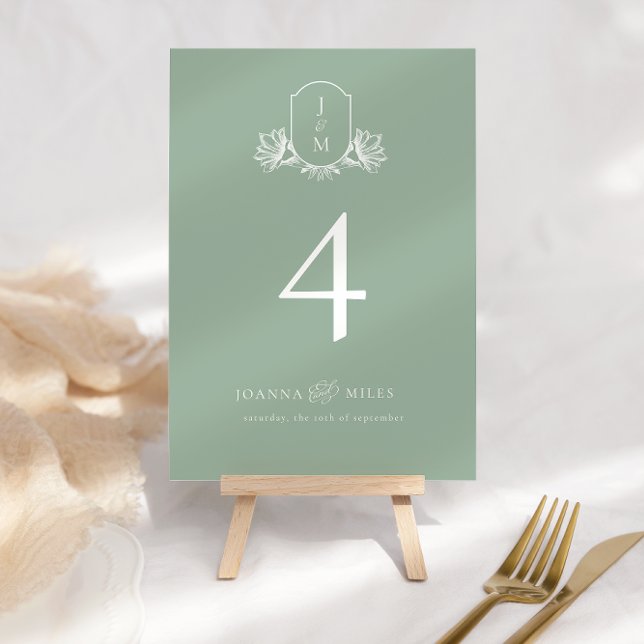 Elegant Calligraphy Sage Green Crest Table Number (Creator Uploaded)