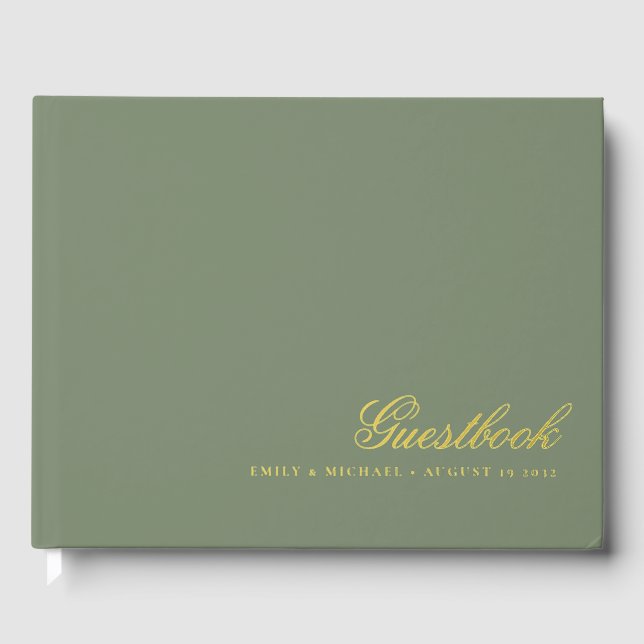 Elegant Calligraphy Sage Green Gold Foil Wedding  Guest Book (Front)