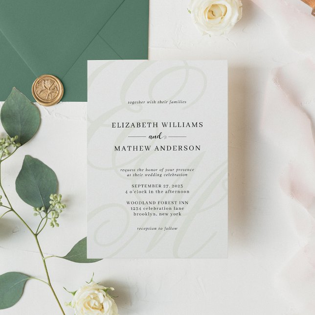 Elegant Calligraphy Sage Green Monogram Wedding Invitation (Creator Uploaded)