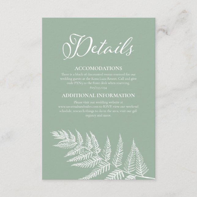 Elegant Calligraphy Sage Green Wedding Details Enclosure Card (Front)