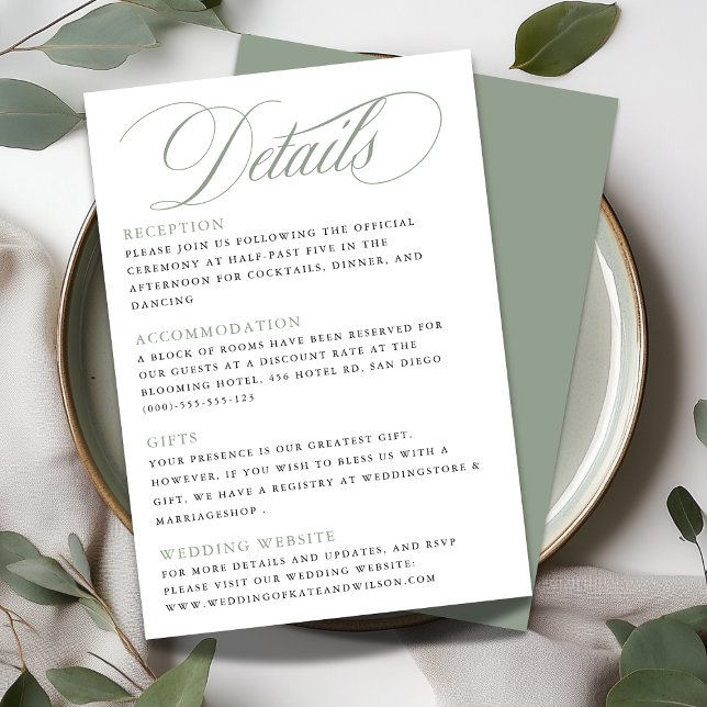 Elegant Calligraphy Sage Green Wedding Details Enclosure Card (Creator Uploaded)