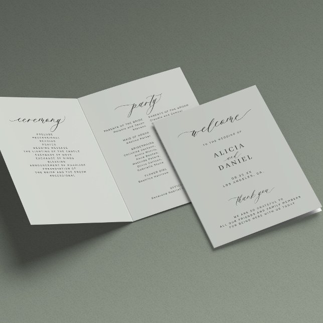 Elegant calligraphy sage green wedding party program (Creator Uploaded)