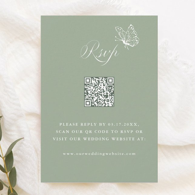 Elegant Calligraphy Sage Green Wedding QR Code RSVP Card (Creator Uploaded)