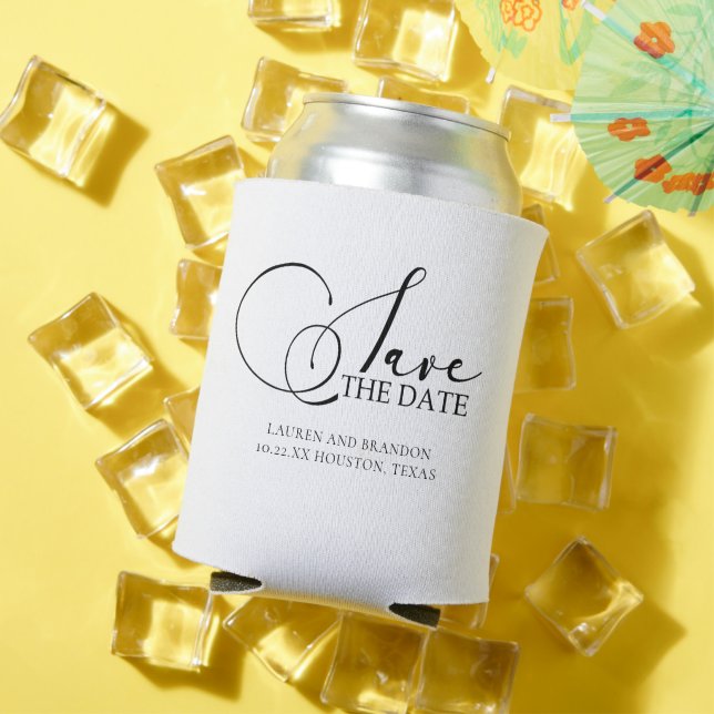 Elegant Calligraphy Save the Date Wedding White Ca Can Cooler (In Situ Summer)