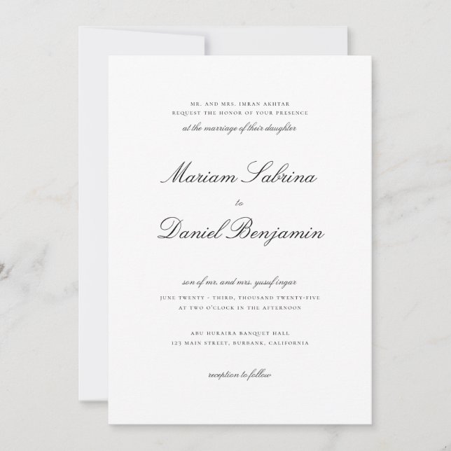 Elegant Calligraphy Script Black and White Wedding Invitation (Front)