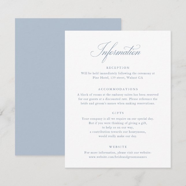 Elegant Calligraphy Script Blue Wedding Info Card (Front/Back)