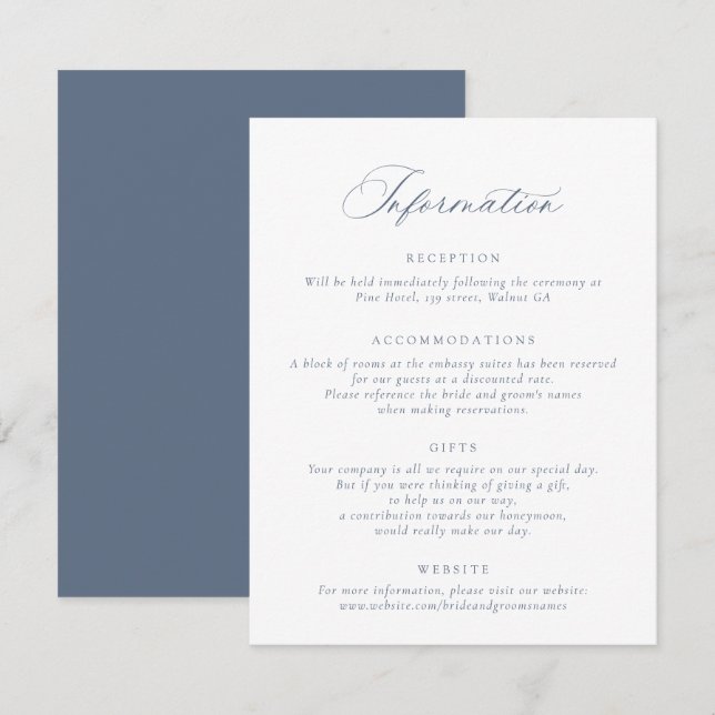 Elegant Calligraphy Script Dusty Blue Wedding Info Invitation (Front/Back)