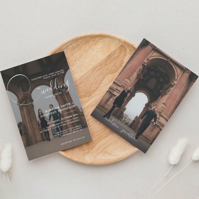 Elegant Calligraphy Script Grey Photo Wedding Invitation (Creator Uploaded)