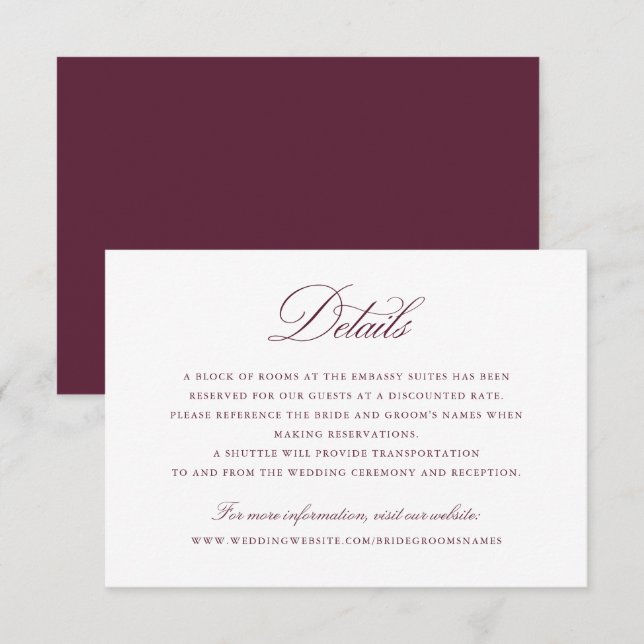 Elegant Calligraphy Script Merlot Wedding Details Invitation (Front/Back)