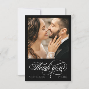 Elegant Calligraphy Script Photo Wedding Black  Thank You Card