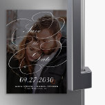 Elegant calligraphy script photo wedding save date magnetic invitation<br><div class="desc">Black and white trendy modern classic elegant swirls calligraphy script couple engagement dark photo overlay wedding save the date magnetic card.</div>
