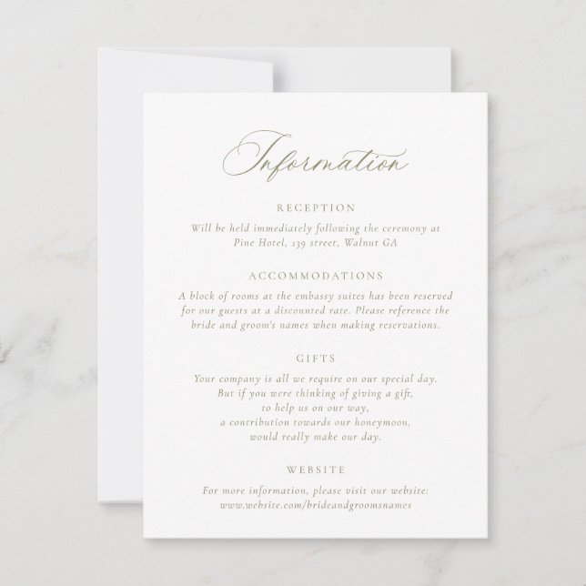 Elegant Calligraphy Script Sage Wedding Details Invitation (Front)