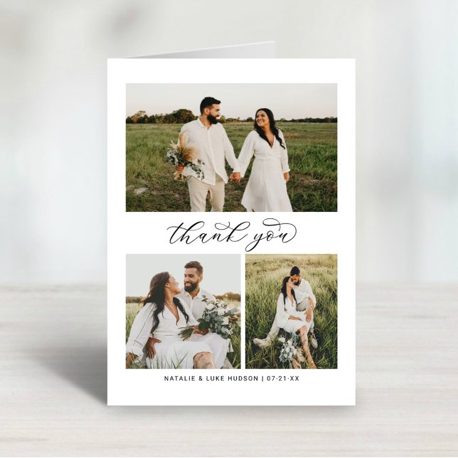 Elegant Calligraphy Script Wedding Photo Collage Thank You Card (Creator Uploaded)