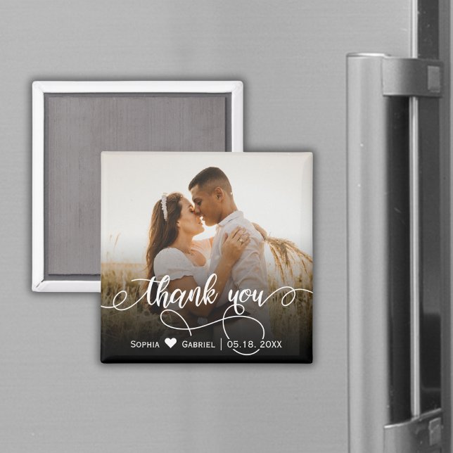 Elegant Calligraphy Script Wedding Photo Thank You Magnet (Creator Uploaded)
