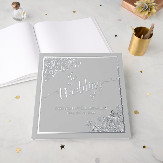 Elegant Calligraphy Silver Foil on Grey Wedding Guest Book (Front Open)