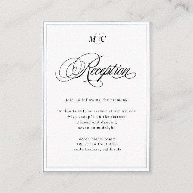 Elegant Calligraphy silver Reception Enclosure Card (Front)