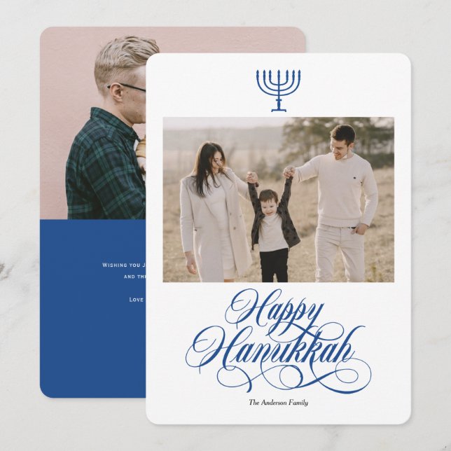 Elegant calligraphy simple Hanukkah family photo H Holiday Card (Front/Back)