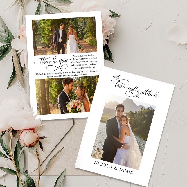 Elegant Calligraphy Simple Modern 3 Wedding Photo Thank You Card (Love and Gratitude Wedding Photo Thank You Card with elegant modern calligraphy and 3 photos)
