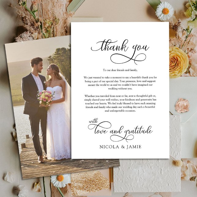 Elegant Calligraphy Single Full Size Wedding Photo Thank You Card (Wedding Photo Thank You Card with elegant modern calligraphy and full bleed photo)