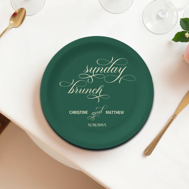 Elegant Calligraphy Sunday Brunch Teal Wedding Paper Plate (Creator Uploaded)