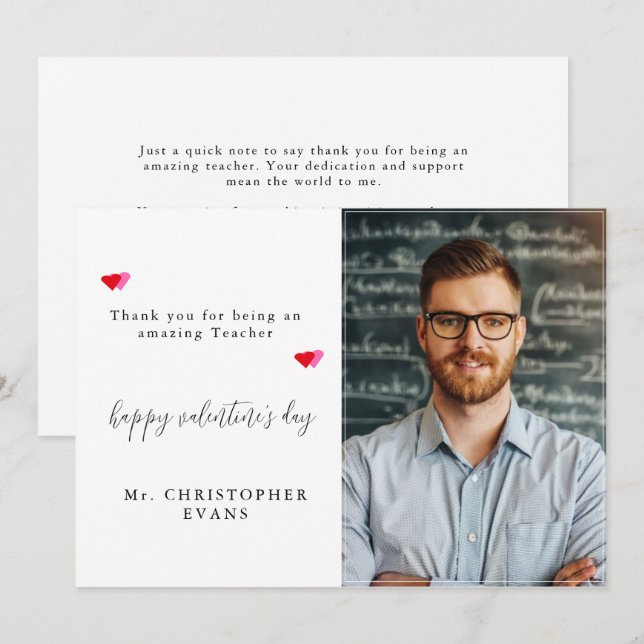 Elegant Calligraphy Teacher Valentines Day Photo Holiday Card (Front/Back)