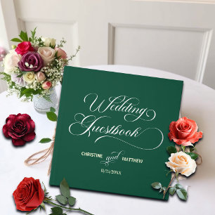 Elegant Calligraphy Teal Wedding Silver Guest Book