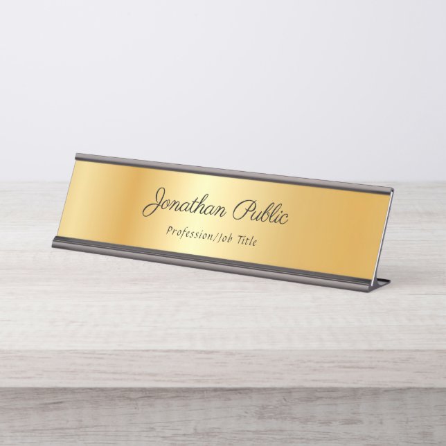 Elegant Calligraphy Text Name Gold Modern Template Desk Name Plate (Front)