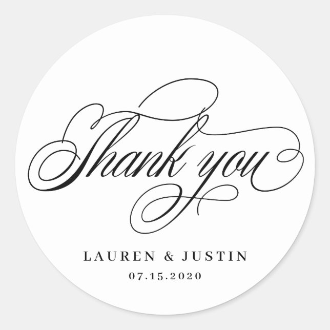 elegant calligraphy thank you wedding monogram classic round sticker (Front)