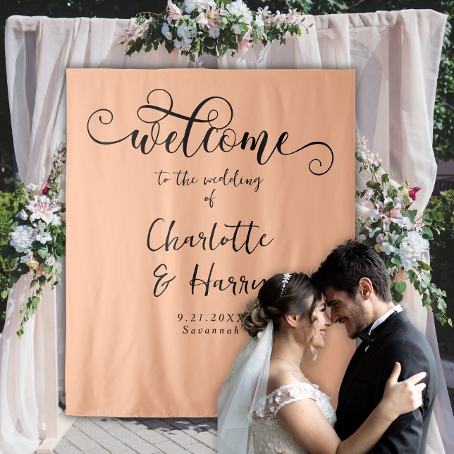 Elegant Calligraphy Trendy Peach Wedding Backdrop Tapestry (Creator Uploaded)
