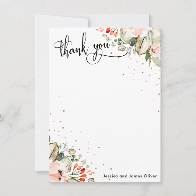 Elegant Calligraphy Watercolor Flowers & Confetti Thank You Card (Front)