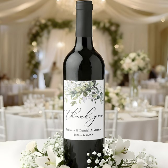 Elegant Calligraphy Watercolor Greenery Wedding Wine Label (Customize to change your personalized text size or text style.)