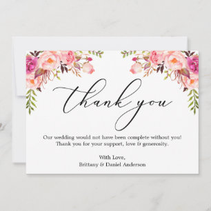 Elegant Calligraphy Watercolor Pink Floral Thank You Card