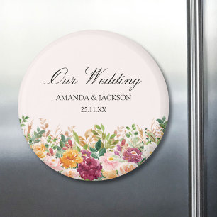 Elegant Calligraphy Watercolor Rose Flower Wedding Magnet
