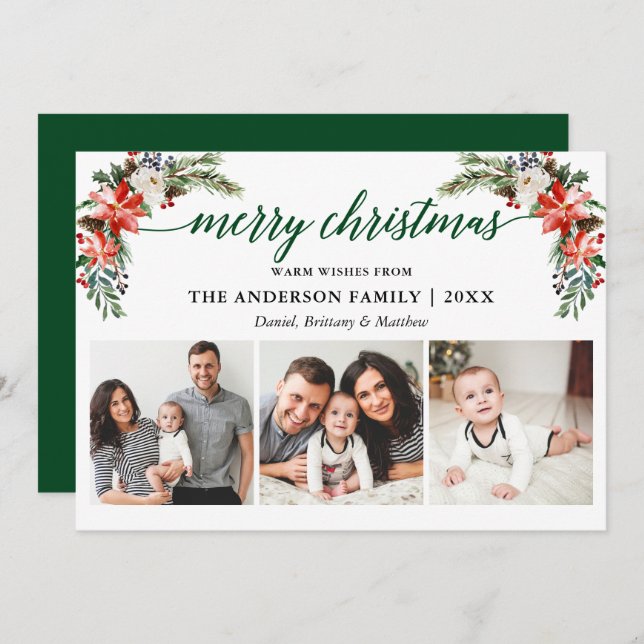 Elegant Calligraphy Watercolor Winter Floral Green Holiday Card (Front/Back)