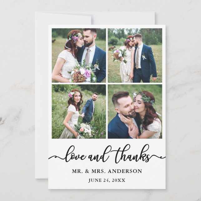 Elegant Calligraphy Wedding 4 Photo Collage Thank You Card (Front)