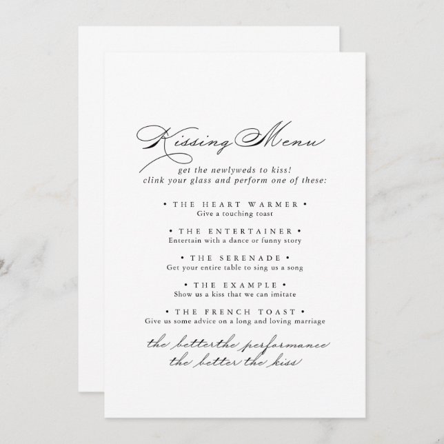 Elegant Calligraphy Wedding Kissing Menu Game Card (Front/Back)