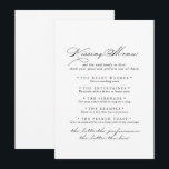 Elegant Calligraphy Wedding Kissing Menu Game Card<br><div class="desc">This elegant calligraphy wedding kissing menu game card is perfect for a rustic wedding reception. The simple and stylish design features classic and fancy script typography in black and white.</div>
