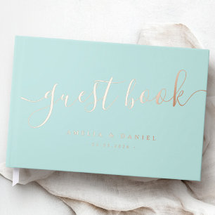 Elegant calligraphy wedding light aqua blue real guest book