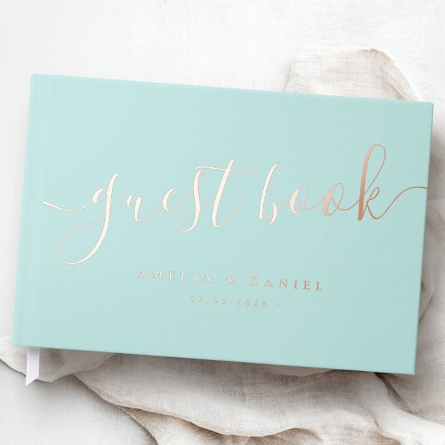 Elegant calligraphy wedding light aqua blue real guest book (Elegant calligraphy wedding light aqua blue real foil guest book)