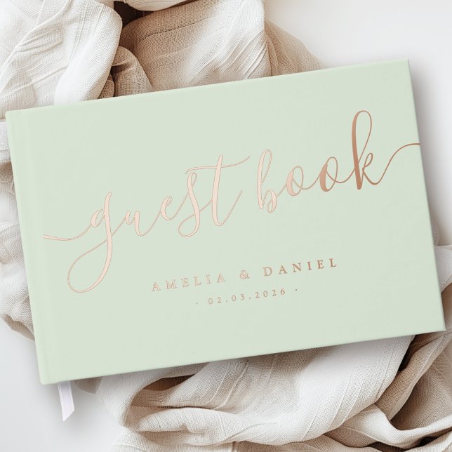 Elegant calligraphy wedding light sage green guest book (Elegant calligraphy wedding light sage green foil guest book)